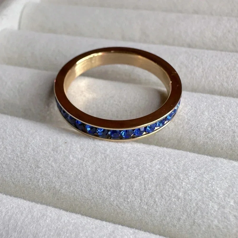 Sapphire Blue Colored CZ 18k Gold Stainless Steel Band Ring September Birthstone - Picture 3 of 9